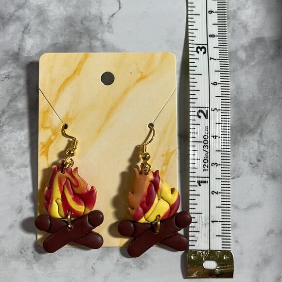 Handcrafted Campfire Dangle Earrings with Gold Toned Fishhook Backs - Picture 4 of 5